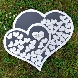 Drevená svadobná kniha hostí - Srdcia | Biela / Antracitovo-šedá