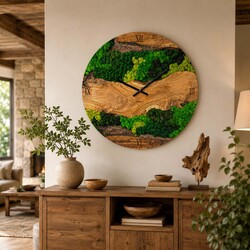 Drevené hodiny s machom - Tempus Naturae (UV tlač)