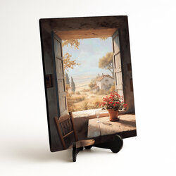 Vintage drevený obraz - Výhľad z okna