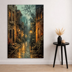 Modern painting on wood - Atmosphere of an evening city
