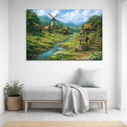 Dřevěný obraz krajinky - Vesnice s mlýnem
