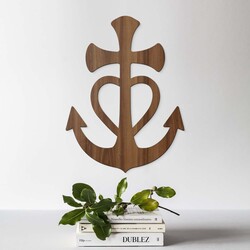 Wooden Wall Art of 3 Symbols - Heart, Anchor, Cross | Walnut