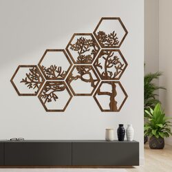 Wall Sticker - Tree in Hexagons (8 pcs) | Walnut