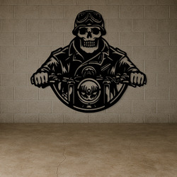 Nástenná dekorácia - Lebka na motorke | Čierna