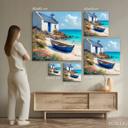 Blue painting on wood - Boat on the beach