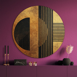 Wooden round picture - Golden geometry