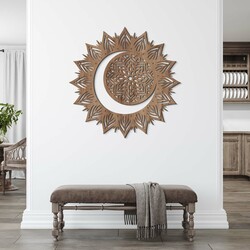 Wooden Mandala on the Wall - Sun and Moon | Tobacco Oak