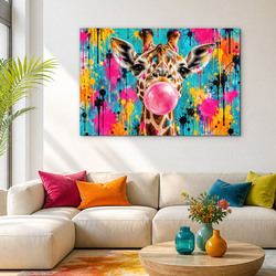 Vtipný drevený obraz - Pop art žirafa so žuvačkou