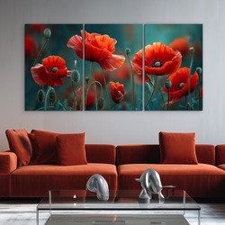Three-piece wooden painting - Poppies