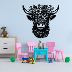 Drevený obraz zvieraťa - Kravička s kvetmi | Čierna