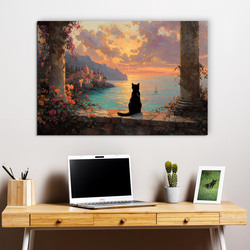 Štýlový obraz na dreve - Mačka pri mori