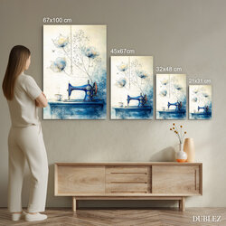 Modrý vintage obraz - Šijací stroj a kvety