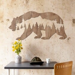 Drevená nálepka na stenu - Medveď v horách | Dub tabakový