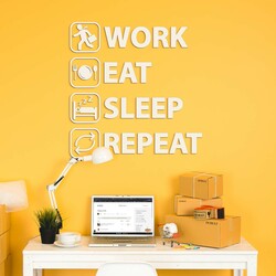 Drevená nálepka - Work Eat Sleep Repeat | Biela