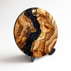 Okrúhly drevený obraz s efektom čiernej živice - Ignis