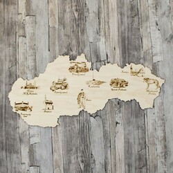 Drevená gravírovaná mapa Slovenska - Kultúrno-prírodné pamiatky